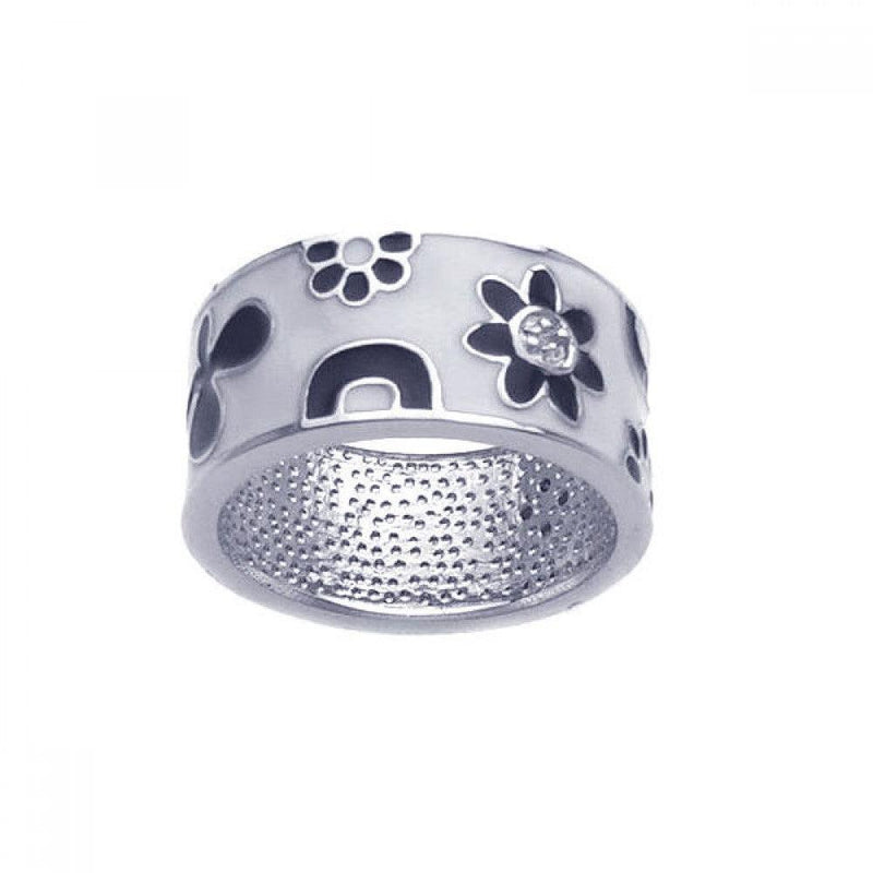 Closeout-Silver 925 Rhodium Plated White and Black Enamel Flower Ring - BGR00210 | Silver Palace Inc.