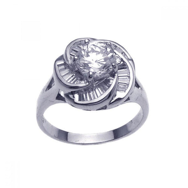 Silver 925 Rhodium Plated Clear Center CZ Spiral Flower Bridal Ring - BGR00213 | Silver Palace Inc.