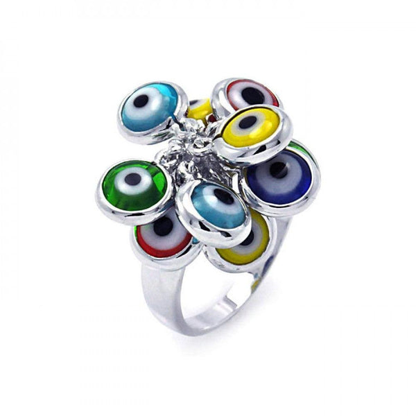 Silver 925 Rhodium Plated Multi Colored Hanging Evil Eye Ring - BGR00258 | Silver Palace Inc.