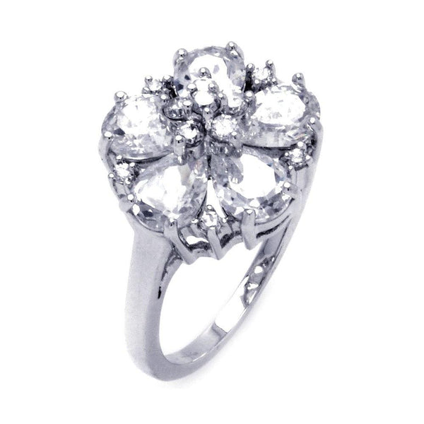 Closeout-Silver 925 Rhodium Plated Clear Teardrop Round CZ Flower Ring - BGR00279 | Silver Palace Inc.
