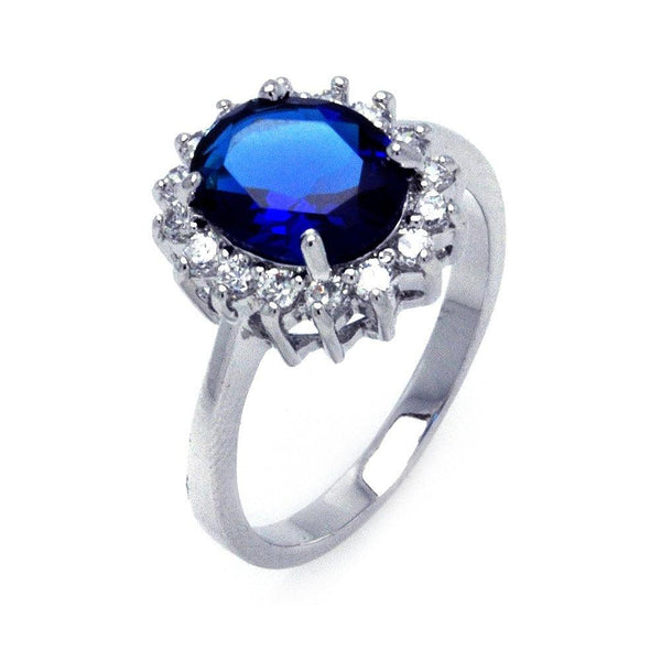 Silver 925 Rhodium Plated Oval Blue and Clear Cluster CZ Flower Ring - BGR00282 | Silver Palace Inc.