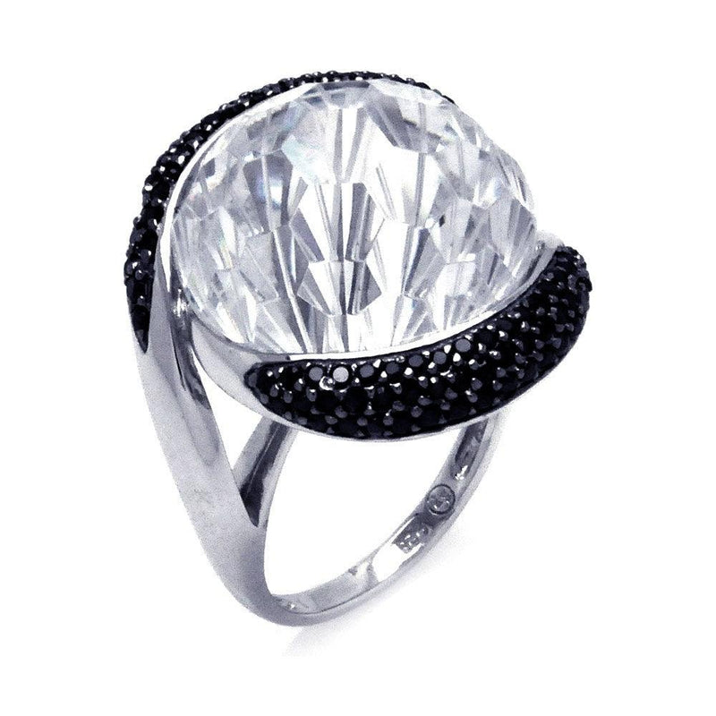 Silver 925 Rhodium and Black Rhodium Plated 2 Toned Black and Large Clear Center CZ Ring - BGR00292 | Silver Palace Inc.