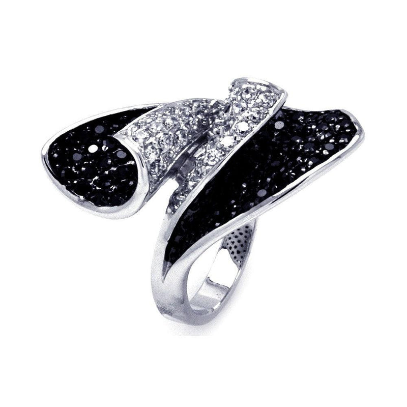 Silver 925 Rhodium and Black Rhodium Plated 2 Toned Black and Clear Pave Set CZ Open Folds Ring - BGR00303 | Silver Palace Inc.