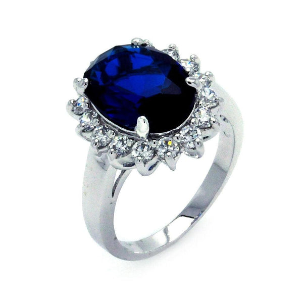 Silver 925 Rhodium Plated Blue and Clear Cluster CZ Flower Ring - BGR00323 | Silver Palace Inc.