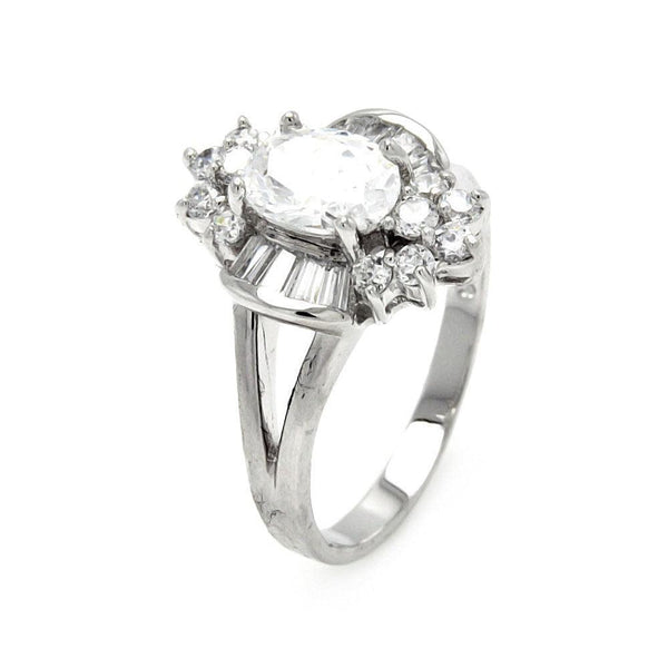 Silver 925 Rhodium Plated Clear Baguette Round Center CZ Flower Bridal Ring - BGR00400 | Silver Palace Inc.