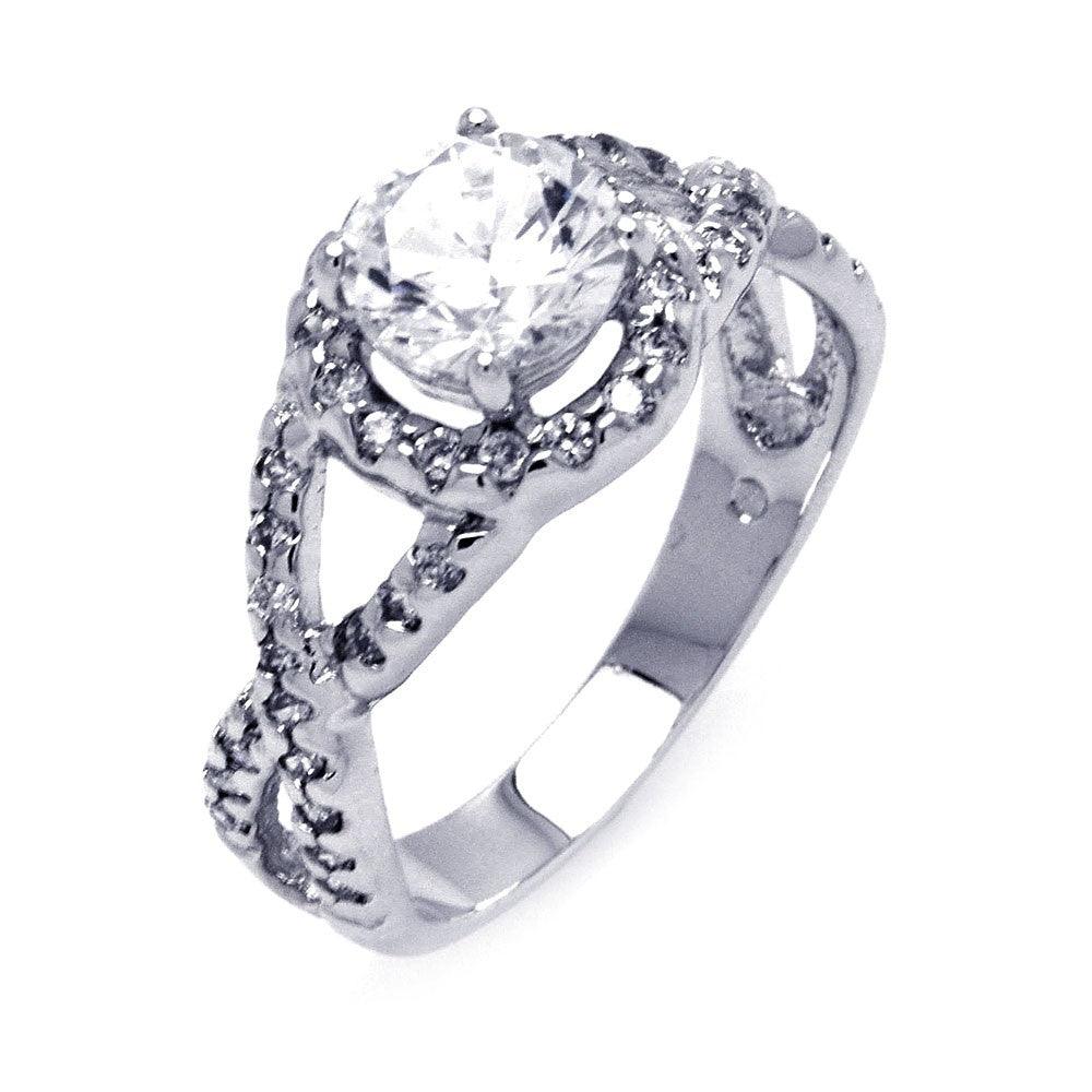 Silver 925 Rhodium Plated Clear Center CZ Wave Side Bridal Ring - BGR00404 | Silver Palace Inc.