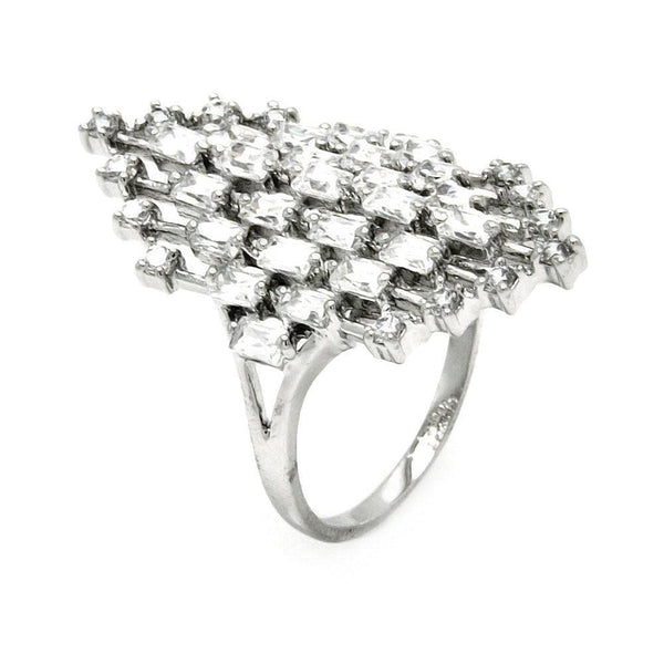 Silver 925 Rhodium Plated Clear Baguette and Round CZ Diamond Shaped Ring - BGR00441 | Silver Palace Inc.