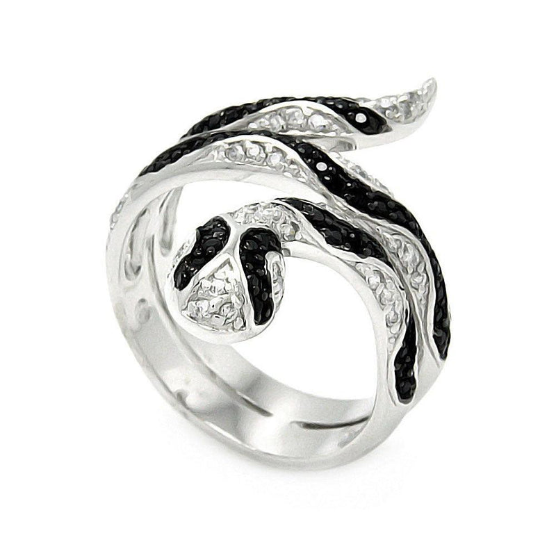 Silver 925 Rhodium and Black Rhodium Plated Clear and Black CZ Snake Wrap Ring - BGR00446 | Silver Palace Inc.