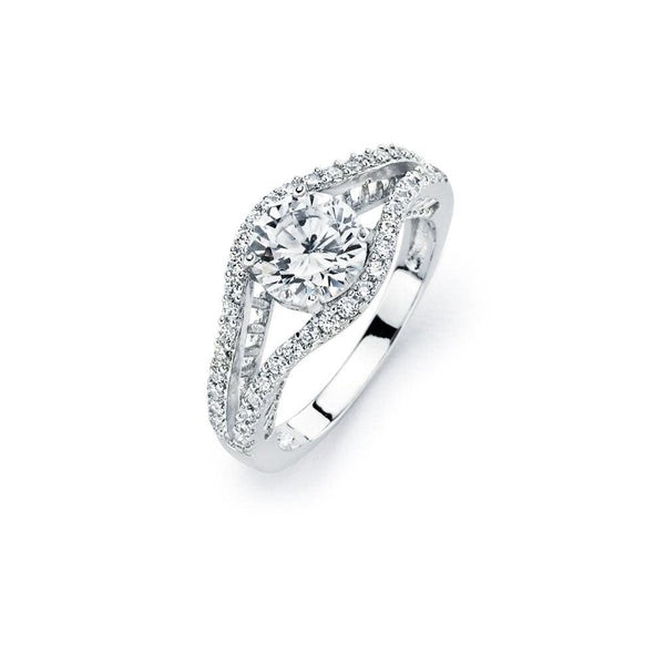 Silver 925 Rhodium Plated Round Clear Pave Set CZ Bridal Ring - BGR00447 | Silver Palace Inc.