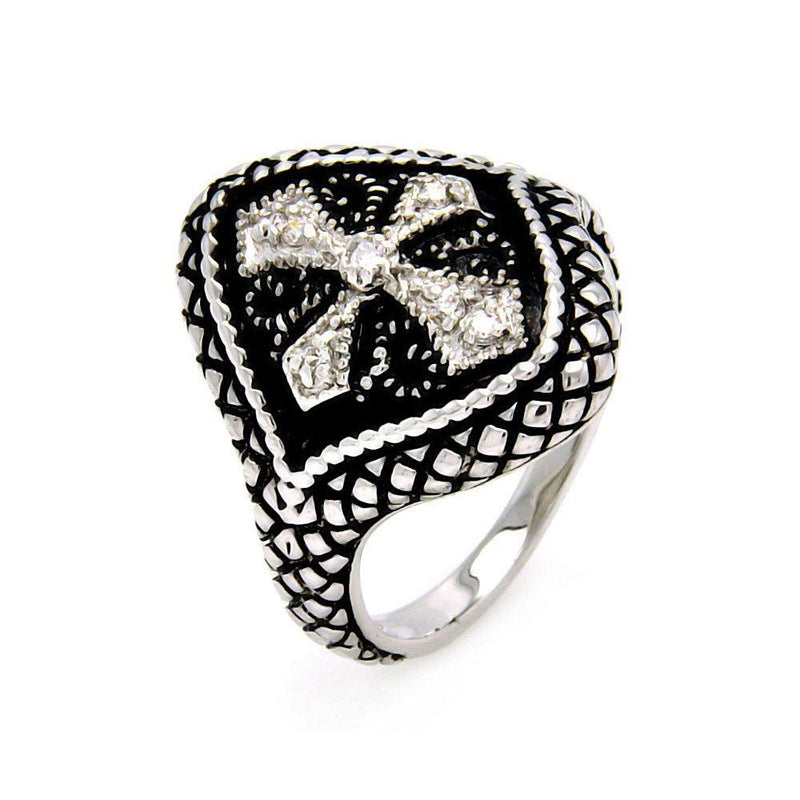 Silver 925 Rhodium and Black Rhodium Plated 2 Toned Clear CZ Cross Crest Cigar Band Ring - BGR00449 | Silver Palace Inc.