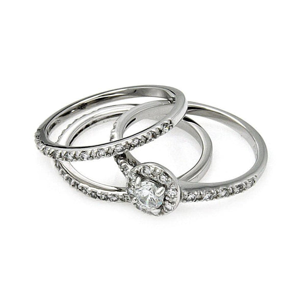 Silver 925 Rhodium Plated Clear Cluster CZ Bridal Stackable Ring Set - BGR00450 | Silver Palace Inc.