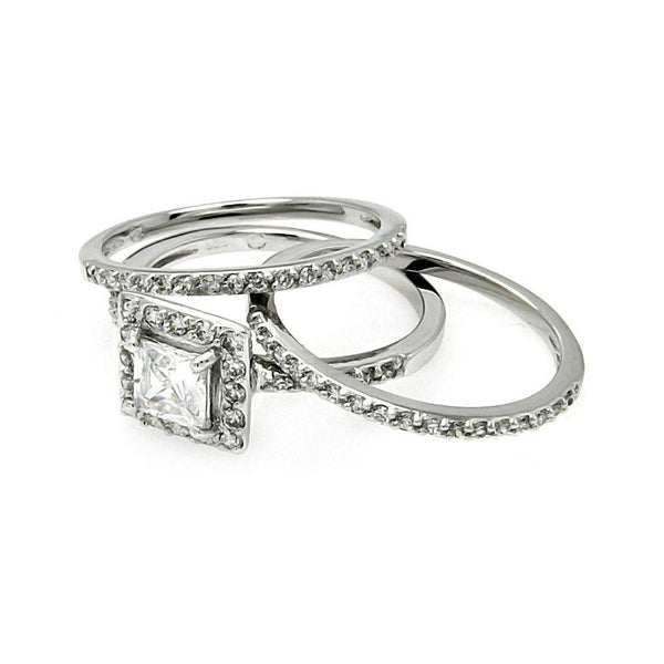 Silver 925 Rhodium Plated Square Clear CZ Stackable Bridal Ring Set - BGR00451 | Silver Palace Inc.