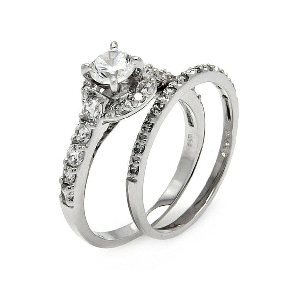 Silver 925 Rhodium Plated Clear Round Center Pave Set CZ Bridal Ring Set - BGR00452 | Silver Palace Inc.