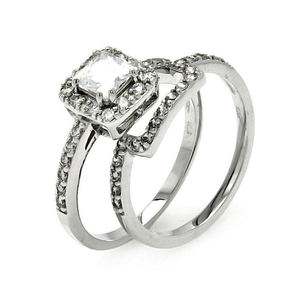 Silver 925 Rhodium Plated Princess Cut Clear CZ Square Bridal Ring Set - BGR00453 | Silver Palace Inc.