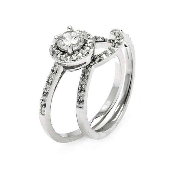 Silver 925 Rhodium Plated Round Center Clear CZ Bridal Ring Set - BGR00454 | Silver Palace Inc.