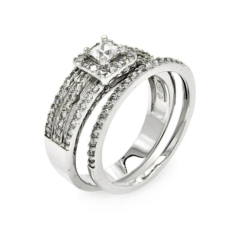 Silver 925 Rhodium Plated 3 Row Clear Square Center CZ Bridal Ring Set - BGR00457 | Silver Palace Inc.