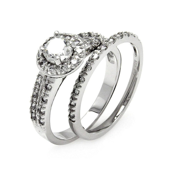 Silver 925 Rhodium Plated Clear Pave Set CZ Round Bridal Ring Set - BGR00460 | Silver Palace Inc.