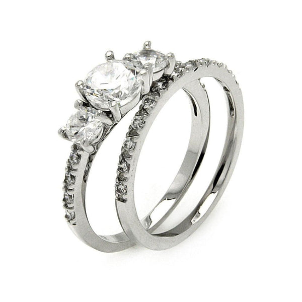 Silver 925 Rhodium Plated 3 Stone Set Round CZ Bridal Ring Set - BGR00461 | Silver Palace Inc.