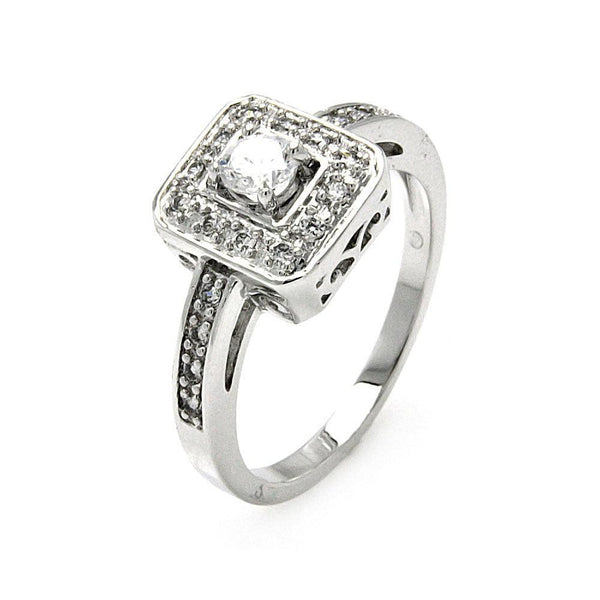 Silver 925 Rhodium Plated Round Center Clear Cluster CZ Square Ring - BGR00462 | Silver Palace Inc.