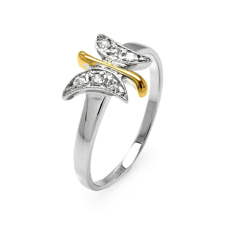 Silver 925 Rhodium and Gold Plated 2 Toned Clear Pave Set CZ Butterfly Ring - BGR00505 | Silver Palace Inc.
