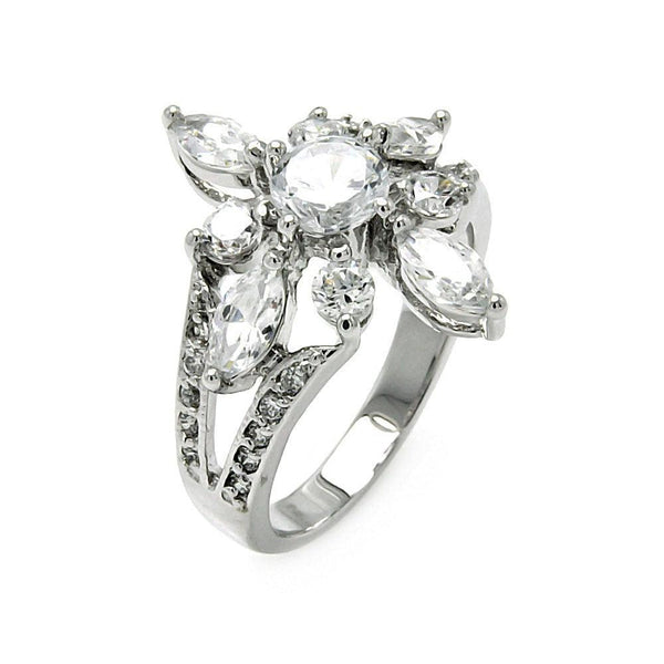 Silver 925 Rhodium Plated Clear Round and Marquise CZ Flower Ring - BGR00506 | Silver Palace Inc.
