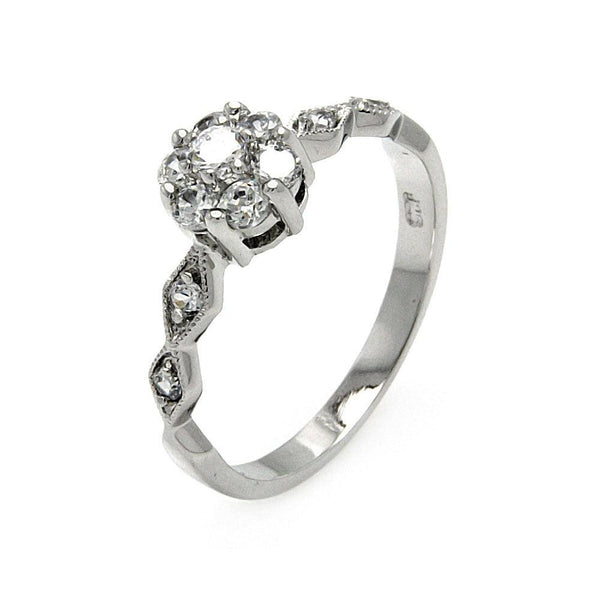 Silver 925 Rhodium Plated Diamond Shaped Sides Clear CZ Flower Ring - BGR00511 | Silver Palace Inc.