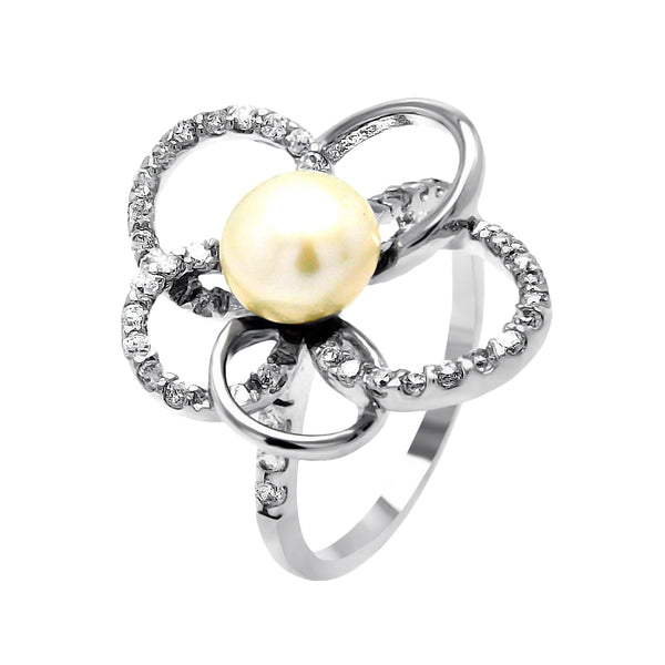 Silver 925 Rhodium Plated Fresh Water Pearl Center Clear CZ Flower Ring - BGR00512 | Silver Palace Inc.