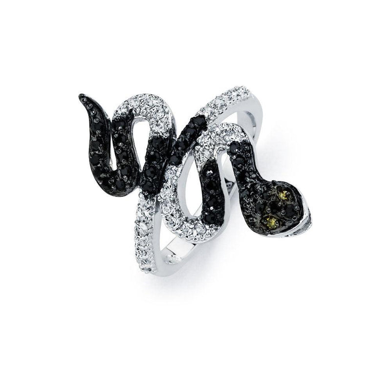 Silver 925 Rhodium and Black Rhodium Plated 2 Toned Clear and Black CZ Snake Ring - BGR00522 | Silver Palace Inc.