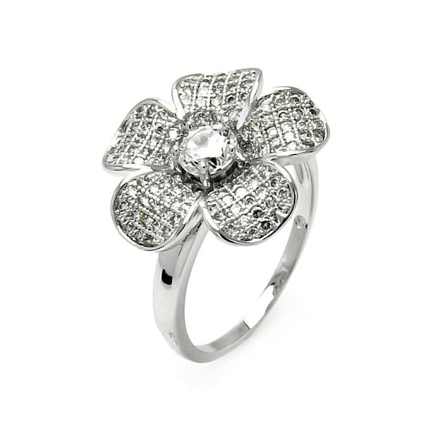 Silver 925 Rhodium Plated Clear Micro Pave Set CZ Flower Ring - BGR00528 | Silver Palace Inc.