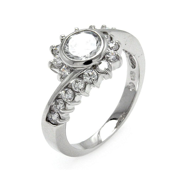 Silver 925 Rhodium Plated Clear Round Center CZ Flower Ring - BGR00529 | Silver Palace Inc.