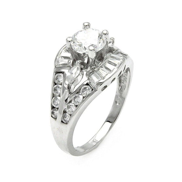 Silver 925 Rhodium Plated Clear Round and Baguette CZ Bridal Ring - BGR00533 | Silver Palace Inc.