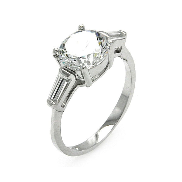 Silver 925 Rhodium Plated Clear Round Center Baguette CZ Bridal Ring - BGR00534 | Silver Palace Inc.