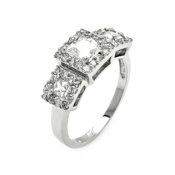 Silver 925 Rhodium Plated 3 Set Clear CZ Square Bridal Ring - BGR00543 | Silver Palace Inc.
