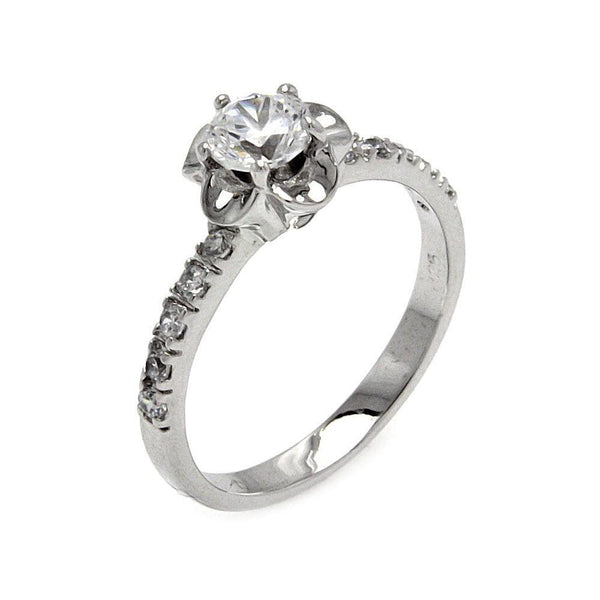 Silver 925 Rhodium Plated Clear Round Center CZ Flower Ring - BGR00548 | Silver Palace Inc.