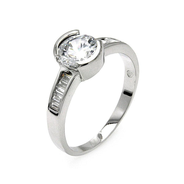 Silver 925 Rhodium Plated Clear Round Center and Baguette CZ Bridal Ring - BGR00549 | Silver Palace Inc.
