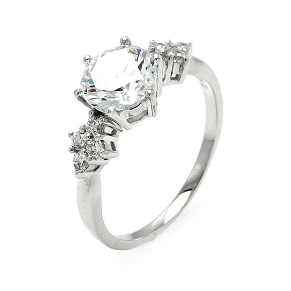 Silver 925 Rhodium Plated Round Center Diamond Shaped Sides CZ Bridal Ring - BGR00571 | Silver Palace Inc.