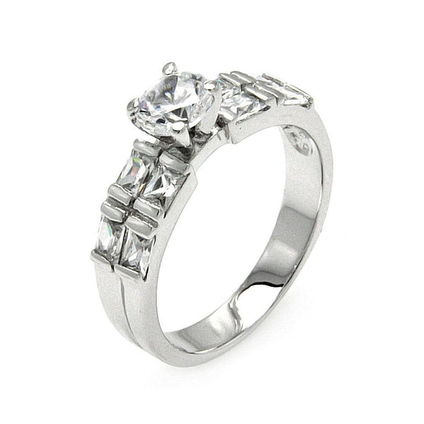 Silver 925 Rhodium Plated Clear Round Center Square Side Rows CZ Bridal Ring - BGR00576 | Silver Palace Inc.