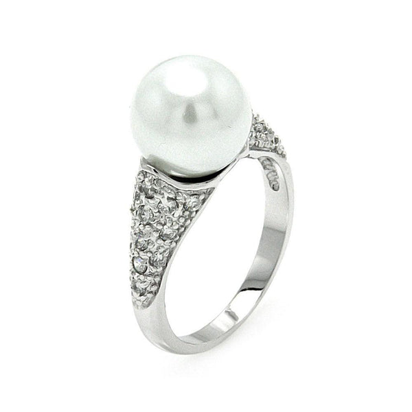 Silver 925 Rhodium Plated Pearl Center Clear Pave Set CZ Ring - BGR00580 | Silver Palace Inc.