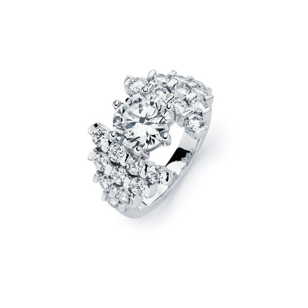 Silver 925 Rhodium Plated Clear Round Center Pave Set CZ Bridal Ring - BGR00586 | Silver Palace Inc.