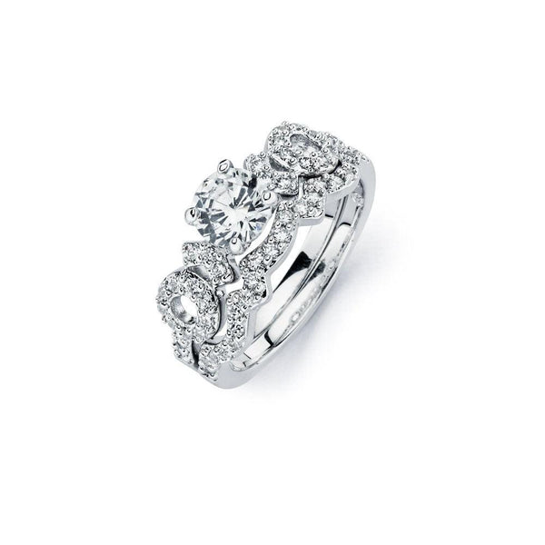 Silver 925 Rhodium Plated Clear Round Center CZ Bridal Engagement Ring Set - BGR00590 | Silver Palace Inc.