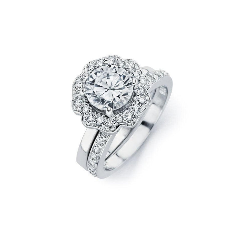 Silver 925 Rhodium Plated Clear CZ Flower Engagement Ring Set - BGR00715 | Silver Palace Inc.