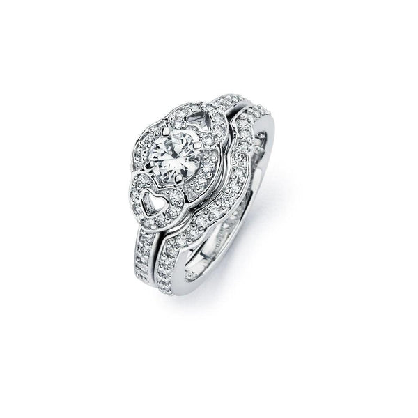 Silver 925 Rhodium Plated Clear CZ Heart Engagement Ring Set - BGR00717 | Silver Palace Inc.