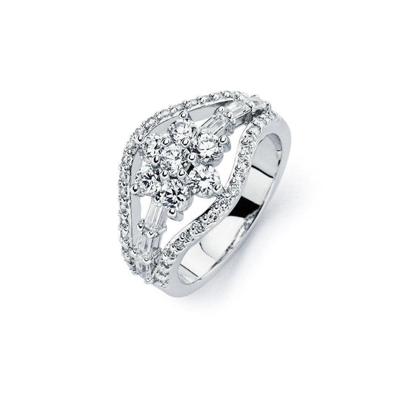 Silver 925 Rhodium Plated Clear CZ Flower Ring - BGR00721 | Silver Palace Inc.