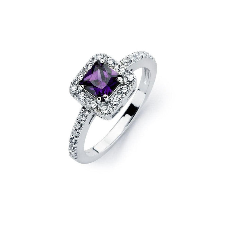 Silver 925 Rhodium Plated Clear Micro Pave Set and Square Purple Center CZ Bridal Ring - BGR00734 | Silver Palace Inc.
