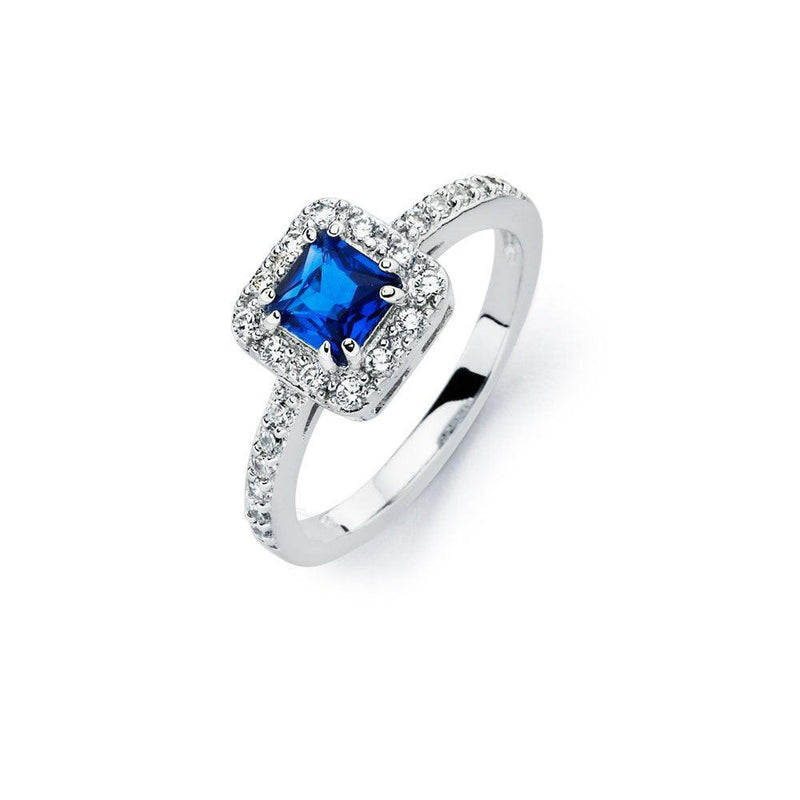 Silver 925 Rhodium Plated Clear Micro Pave Set and Square Blue Center CZ Bridal Ring - BGR00735 | Silver Palace Inc.