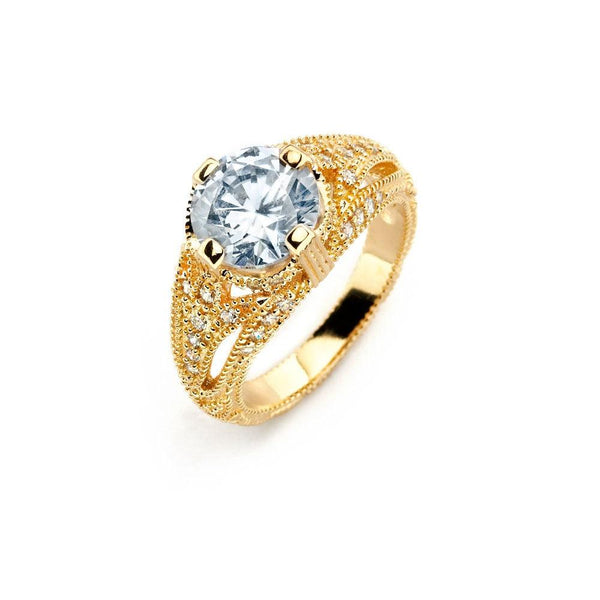 Silver 925 Gold Plated Clear Center CZ Bridal Ring - BGR00740 | Silver Palace Inc.