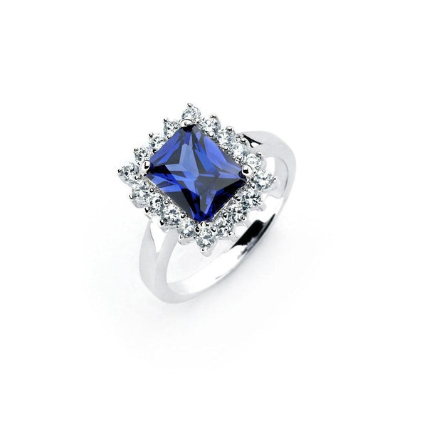 Silver 925 Rhodium Plated Rectangular Blue Center and Clear Cluster CZ Ring - BGR00745 | Silver Palace Inc.
