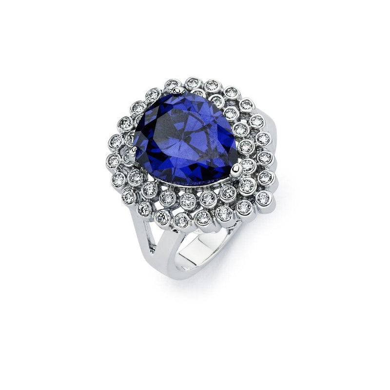 Silver 925 Rhodium Plated Blue Pear Center and Clear Round Cluster CZ Ring - BGR00747 | Silver Palace Inc.