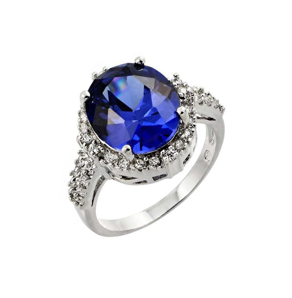 Silver 925 Rhodium Plated Blue Oval and Clear Inlay CZ Bridal Ring - BGR00777 | Silver Palace Inc.