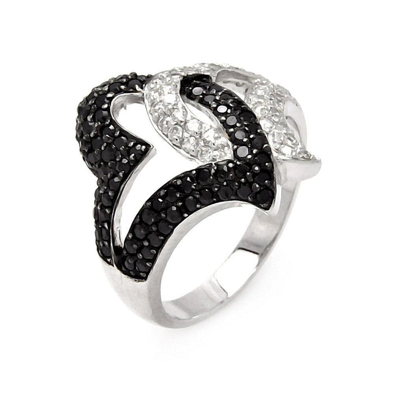 Closeout-Silver 925 Rhodium and Black Rhodium Plated Intertwined Black and Clear CZ Heart Ring - STR00025 | Silver Palace Inc.